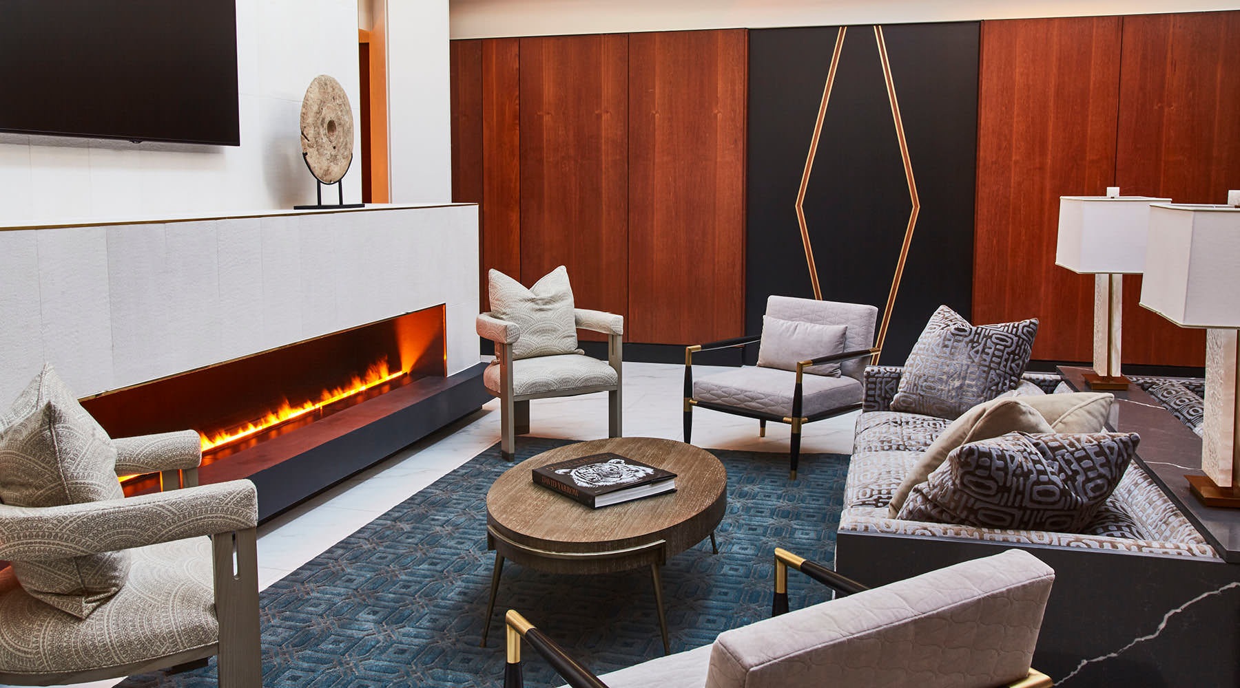 Access to resident-only features clubroom with a fireplace